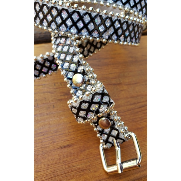 NEW Thin Sparkly Black Iridescent & Silver Belt S - Picture 2 of 5